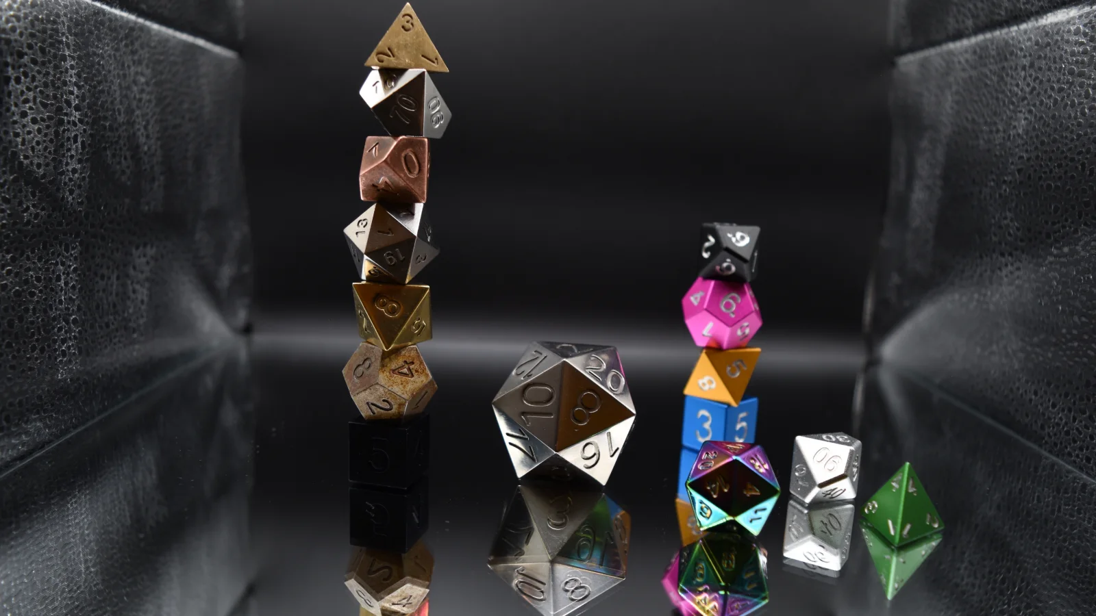 Pantheon dice standing in a mirrored chamber.